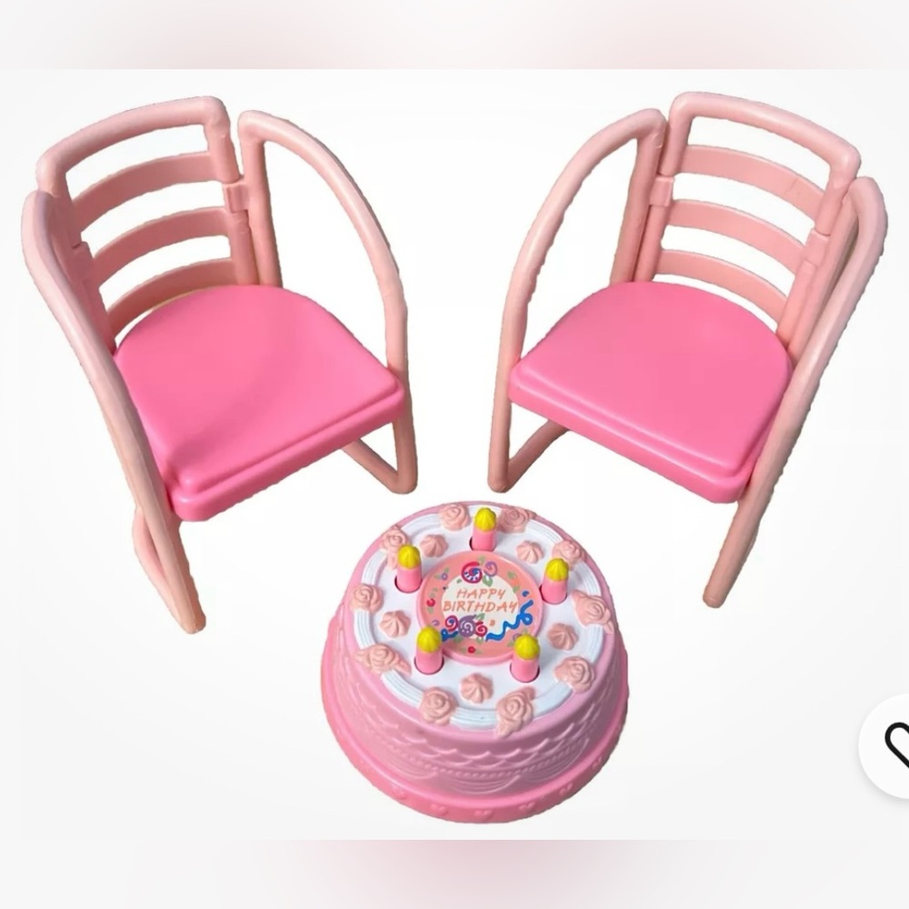 Vintage 1990 Barbie Partytime Happy Birthday Cake & 2 Chairs